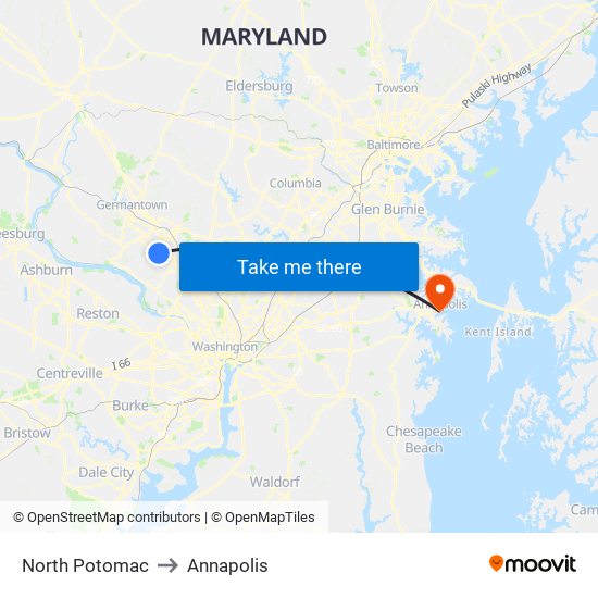 North Potomac to Annapolis map