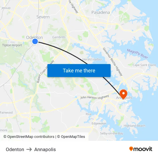 Odenton to Annapolis map