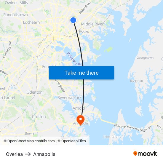 Overlea to Annapolis map