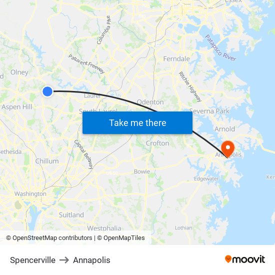 Spencerville to Annapolis map