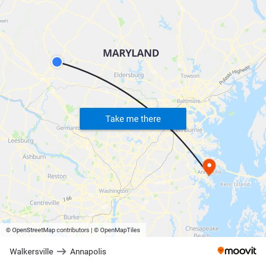 Walkersville to Annapolis map