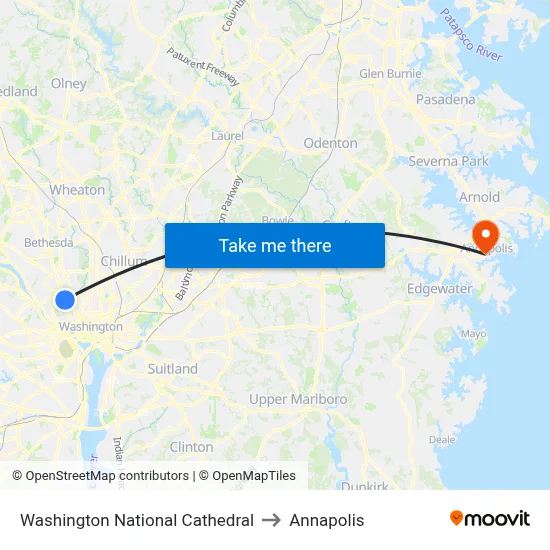 Washington National Cathedral to Annapolis map