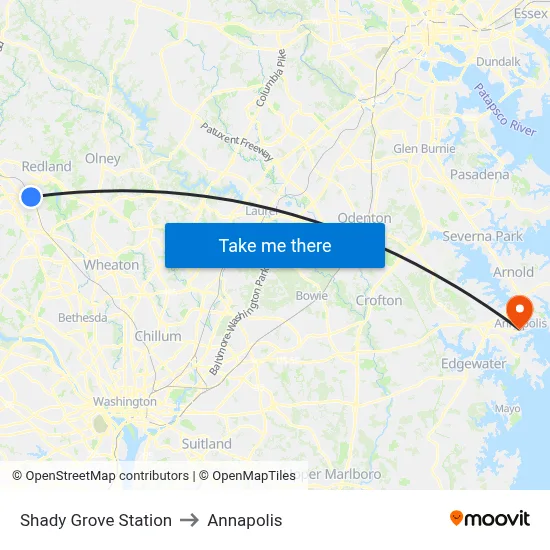 Shady Grove Station to Annapolis map