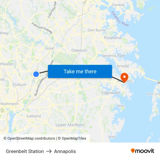 Greenbelt Station to Annapolis map