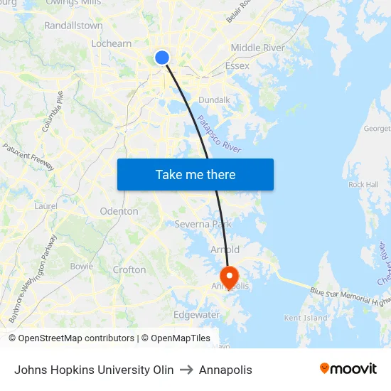 Johns Hopkins University Olin to Annapolis map