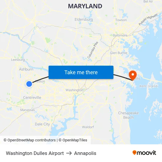 Washington Dulles Airport to Annapolis map