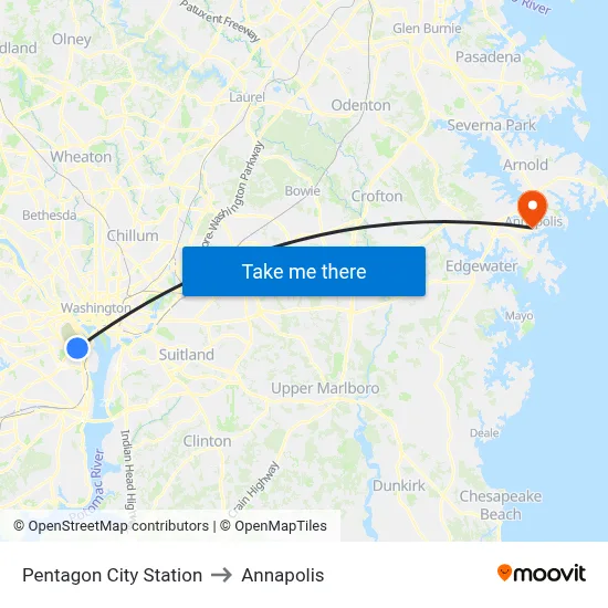 Pentagon City Station to Annapolis map