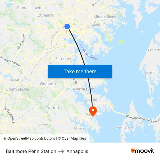 Baltimore Penn Station to Annapolis map