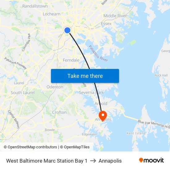 West Baltimore Marc Station Bay 1 to Annapolis map