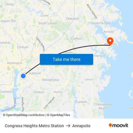 Congress Heights Metro Station to Annapolis map