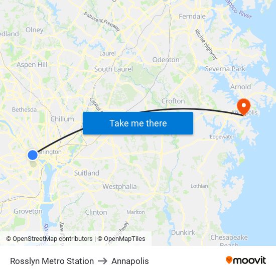 Rosslyn Metro Station to Annapolis map