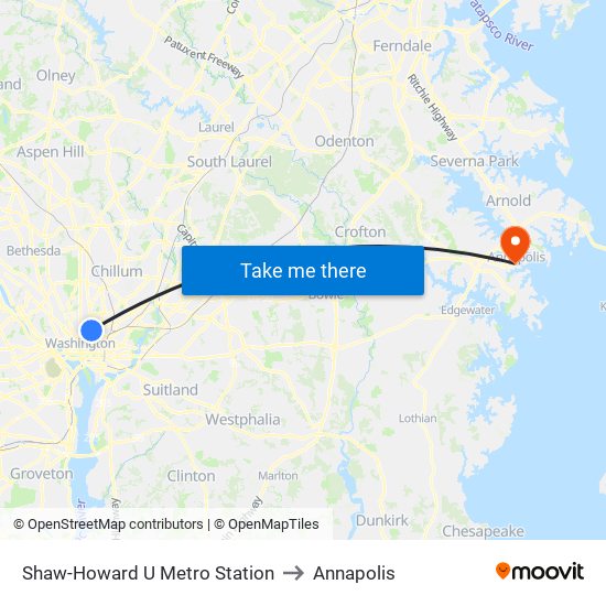 Shaw-Howard U Metro Station to Annapolis map