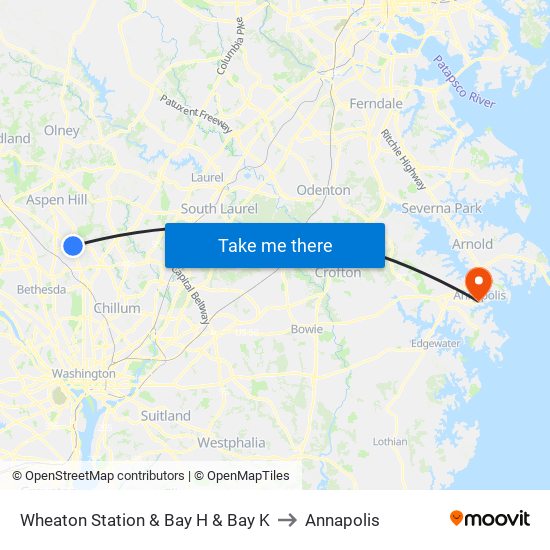 Wheaton Station  & Bay H & Bay K to Annapolis map