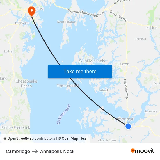 Cambridge to Annapolis Neck map