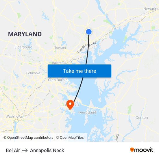 Bel Air to Annapolis Neck map