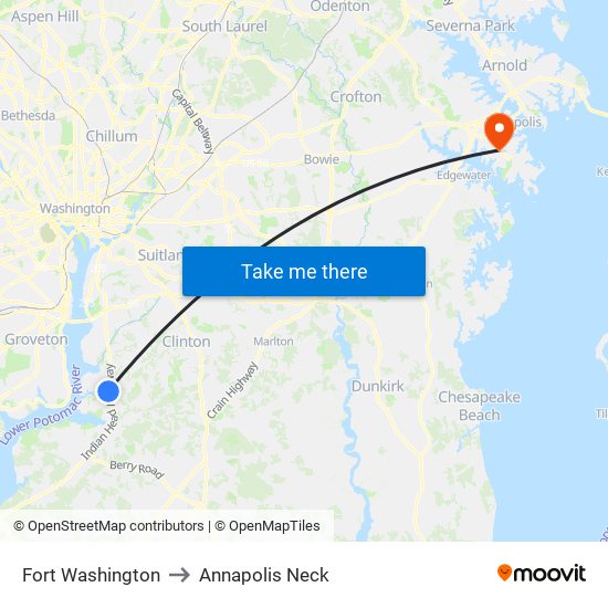 Fort Washington to Annapolis Neck map