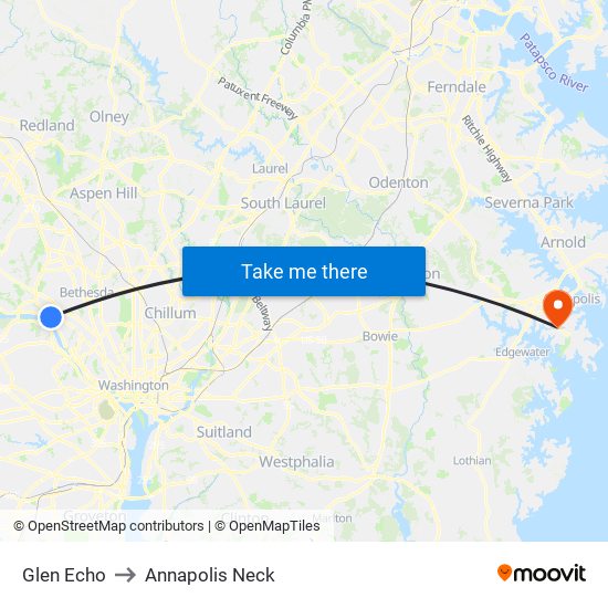 Glen Echo to Annapolis Neck map