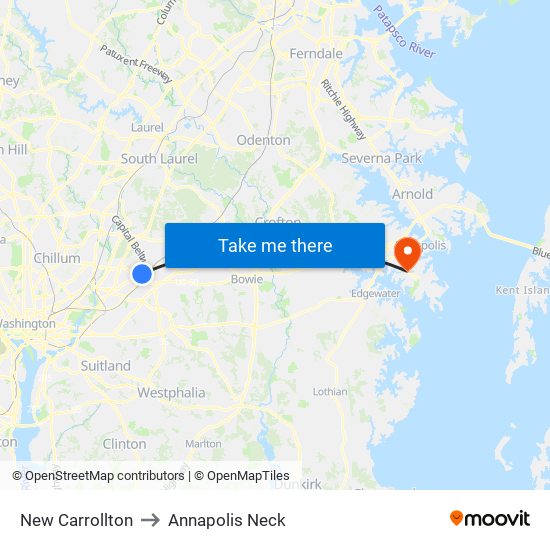 New Carrollton to Annapolis Neck map