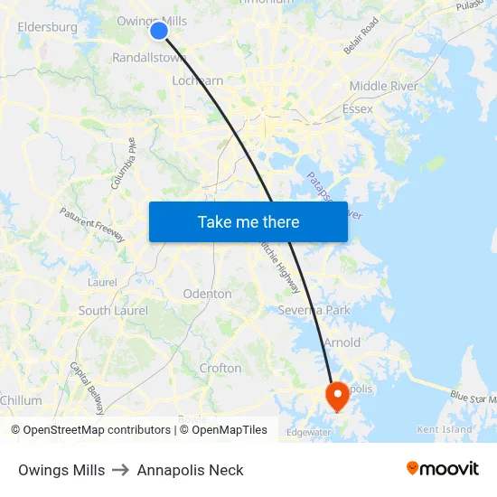 Owings Mills to Annapolis Neck map
