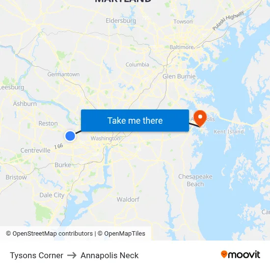 Tysons Corner to Annapolis Neck map