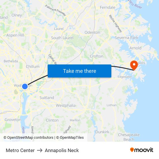 Metro Center to Annapolis Neck map