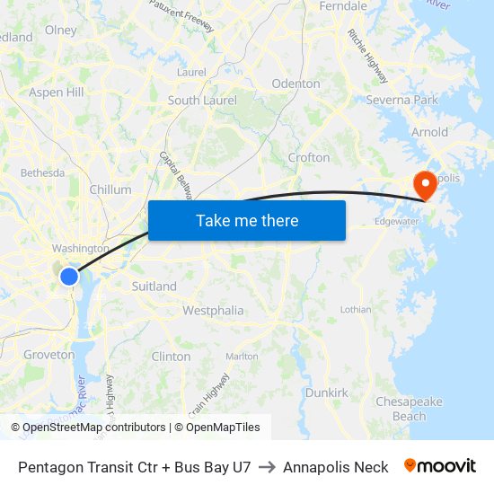 Pentagon Transit Ctr + Bus Bay U7 to Annapolis Neck map