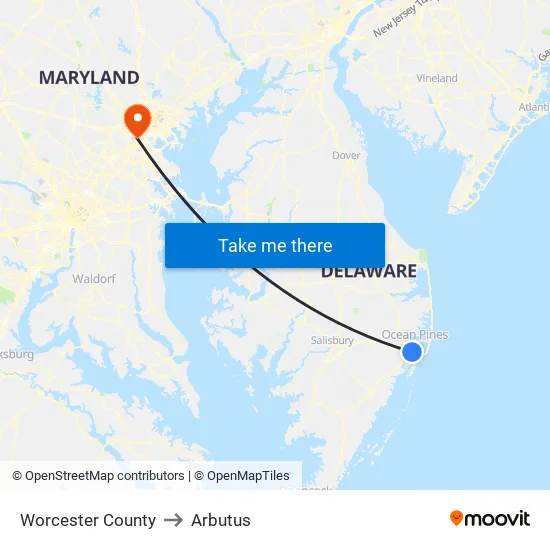 Worcester County to Arbutus map