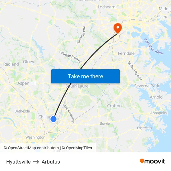 Hyattsville to Arbutus map