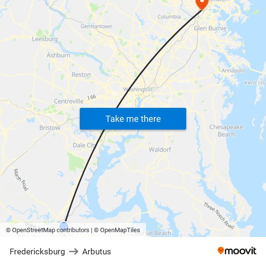 Fredericksburg to Arbutus map