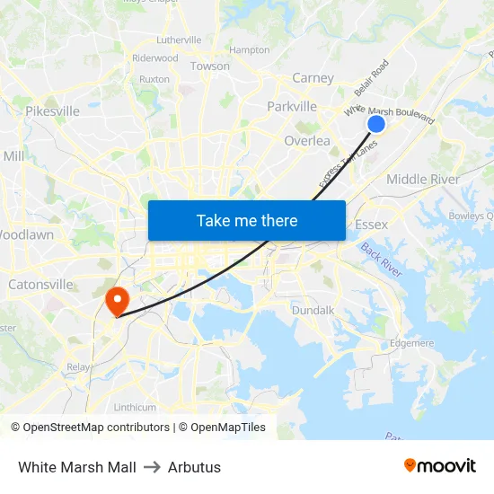 White Marsh Mall to Arbutus map