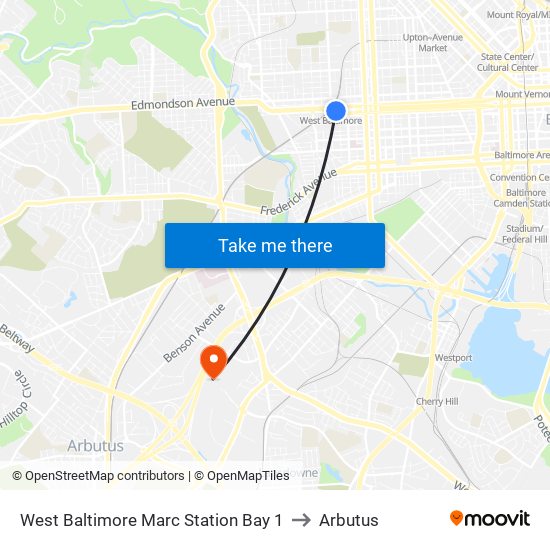 West Baltimore Marc Station Bay 1 to Arbutus map