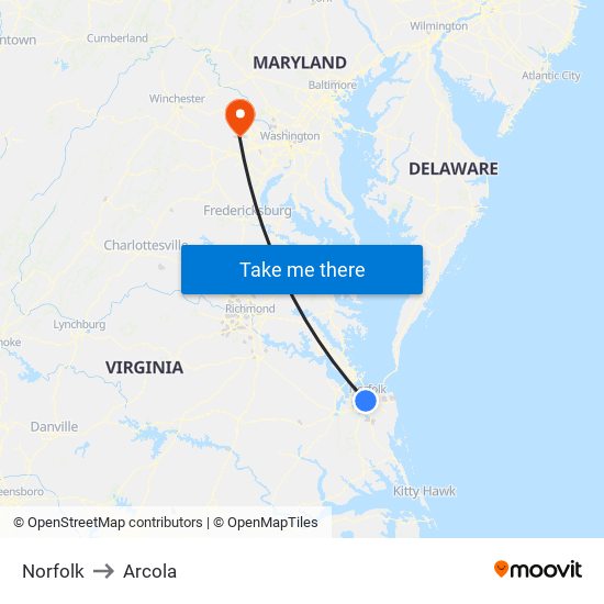 Norfolk to Arcola map