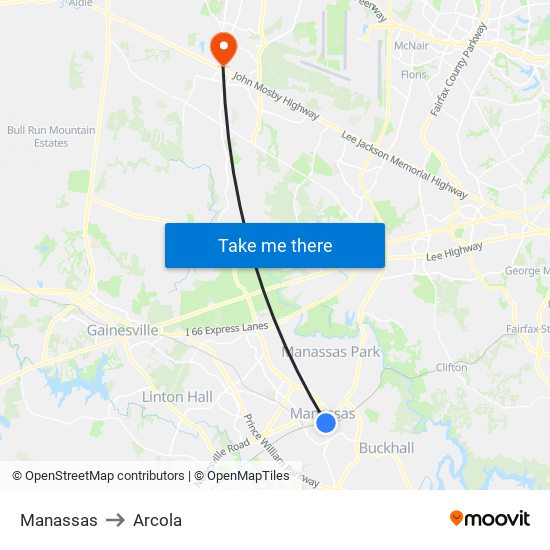 Manassas to Arcola map