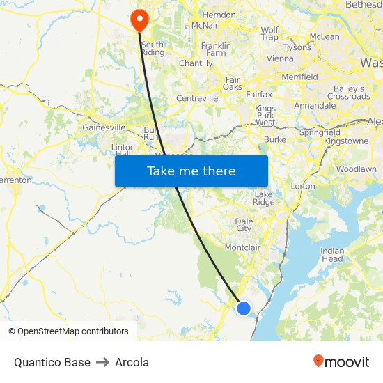 Quantico Base to Arcola map