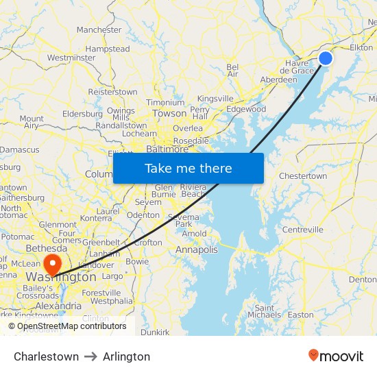 Charlestown to Arlington map