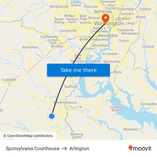 Spotsylvania Courthouse to Arlington map