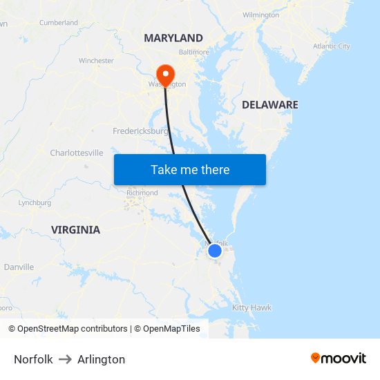 Norfolk to Arlington map