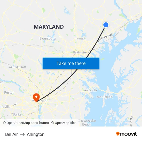 Bel Air to Arlington map