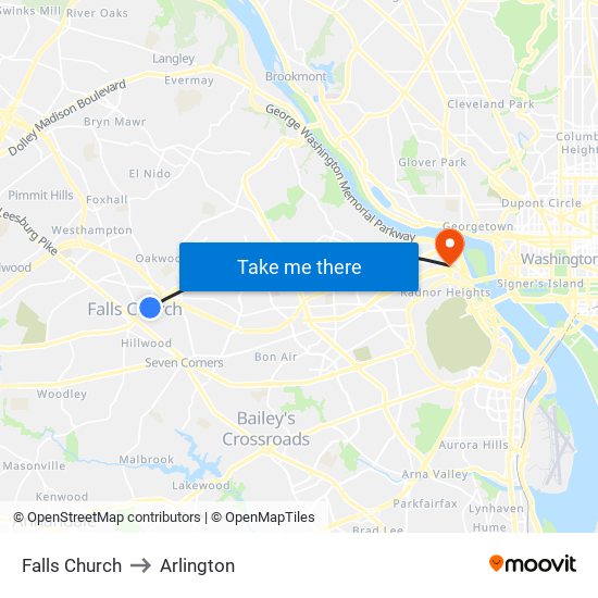 Falls Church to Arlington map