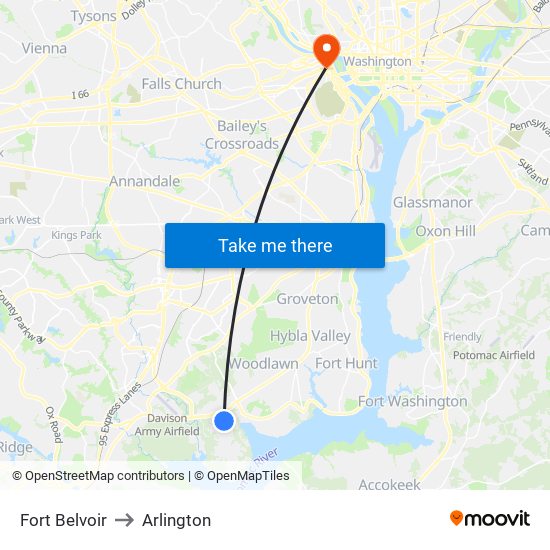 Fort Belvoir to Arlington map