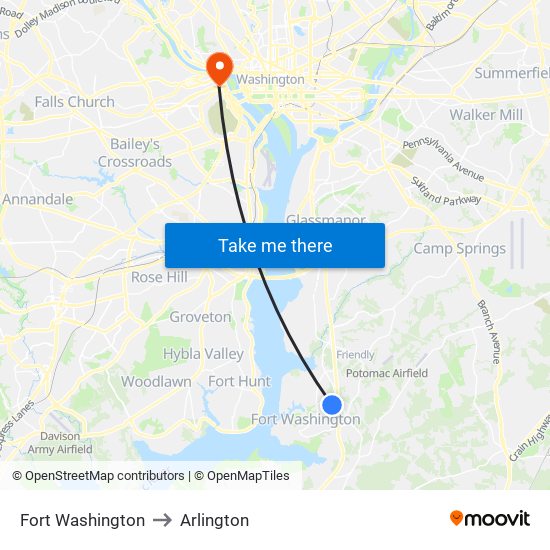 Fort Washington to Arlington map