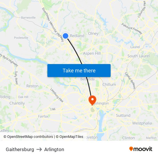 Gaithersburg to Arlington map