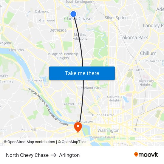 North Chevy Chase to Arlington map