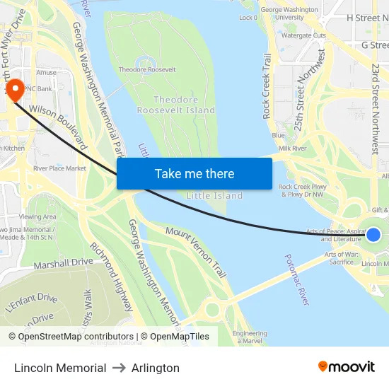 Lincoln Memorial to Arlington map