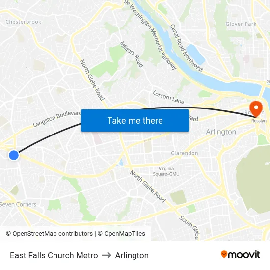 East Falls Church Metro to Arlington map