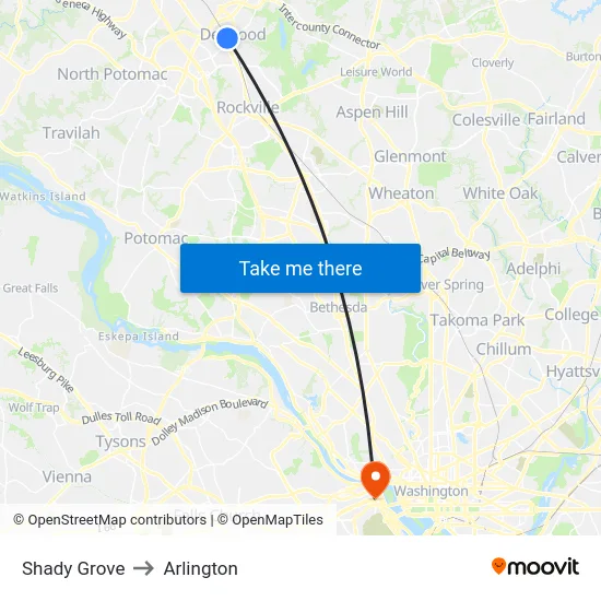 Shady Grove to Arlington map