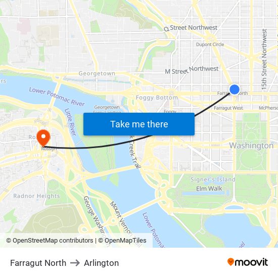 Farragut North to Arlington map