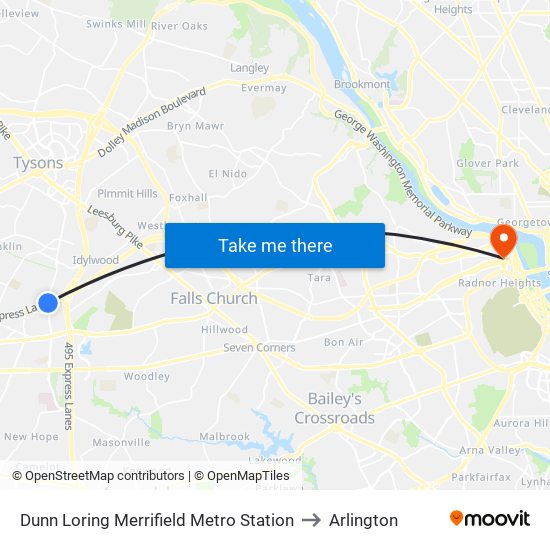 Dunn Loring Merrifield Metro Station to Arlington map