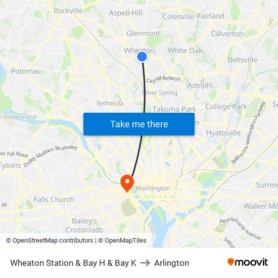 Wheaton Station  & Bay H & Bay K to Arlington map