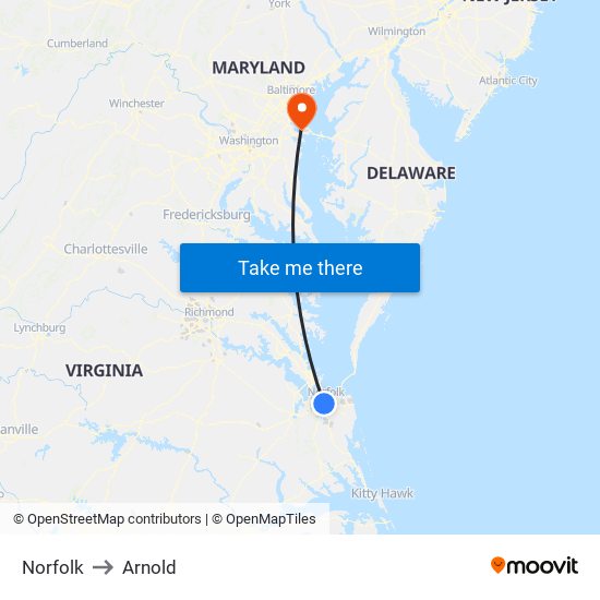 Norfolk to Arnold map